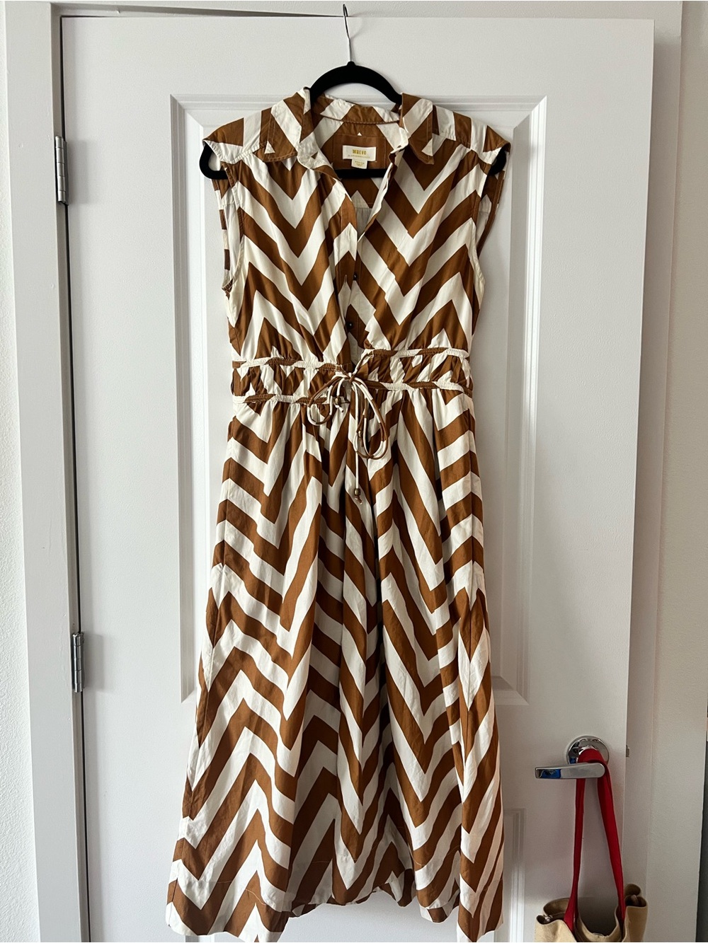 Maeve Brown and White Chevron Midi Dress